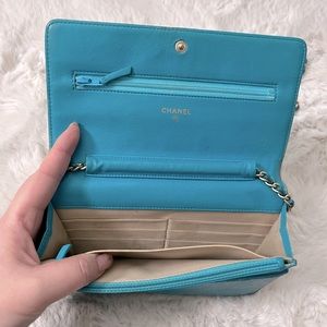 COPY - Chanel Lambskin wallet on chain WOC Tiffany blue